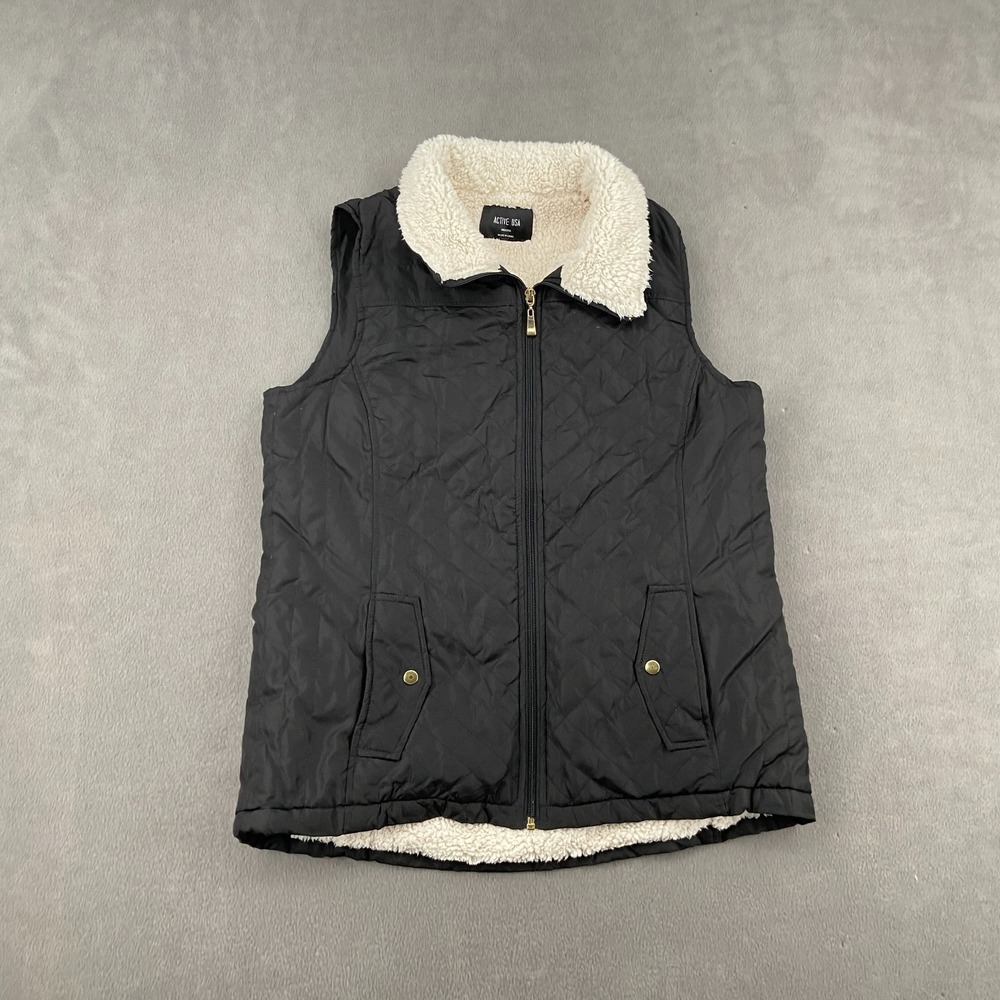 Active USA Quilted Vest Womens Medium Black Sherpa Lined Winter Puffer Full Zip